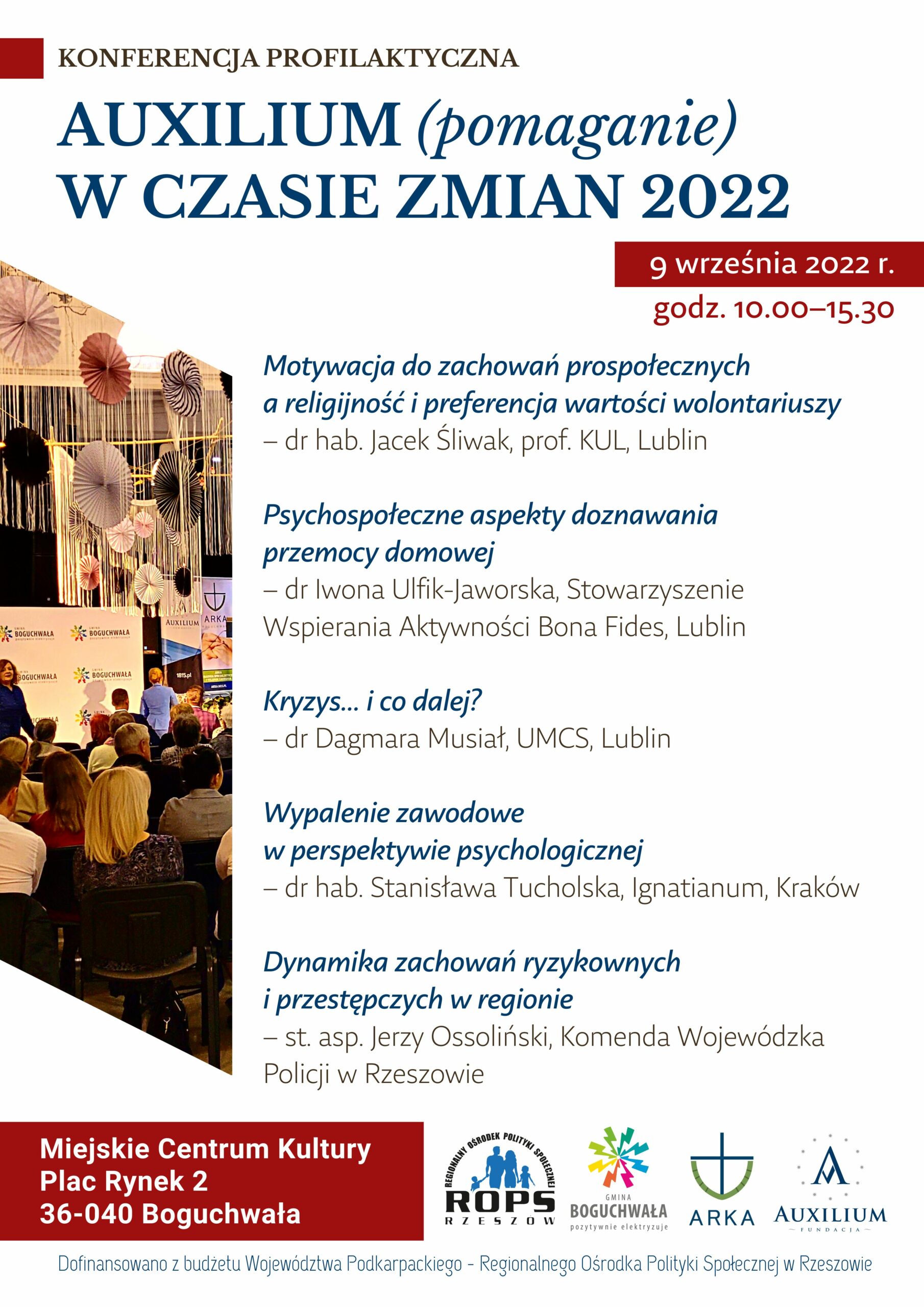 Plakat - Konferencja profilaktyczna. "Auxilium w czasie zmian 2022". Data 9 września 2022r. godzina 10.00 - 15.30