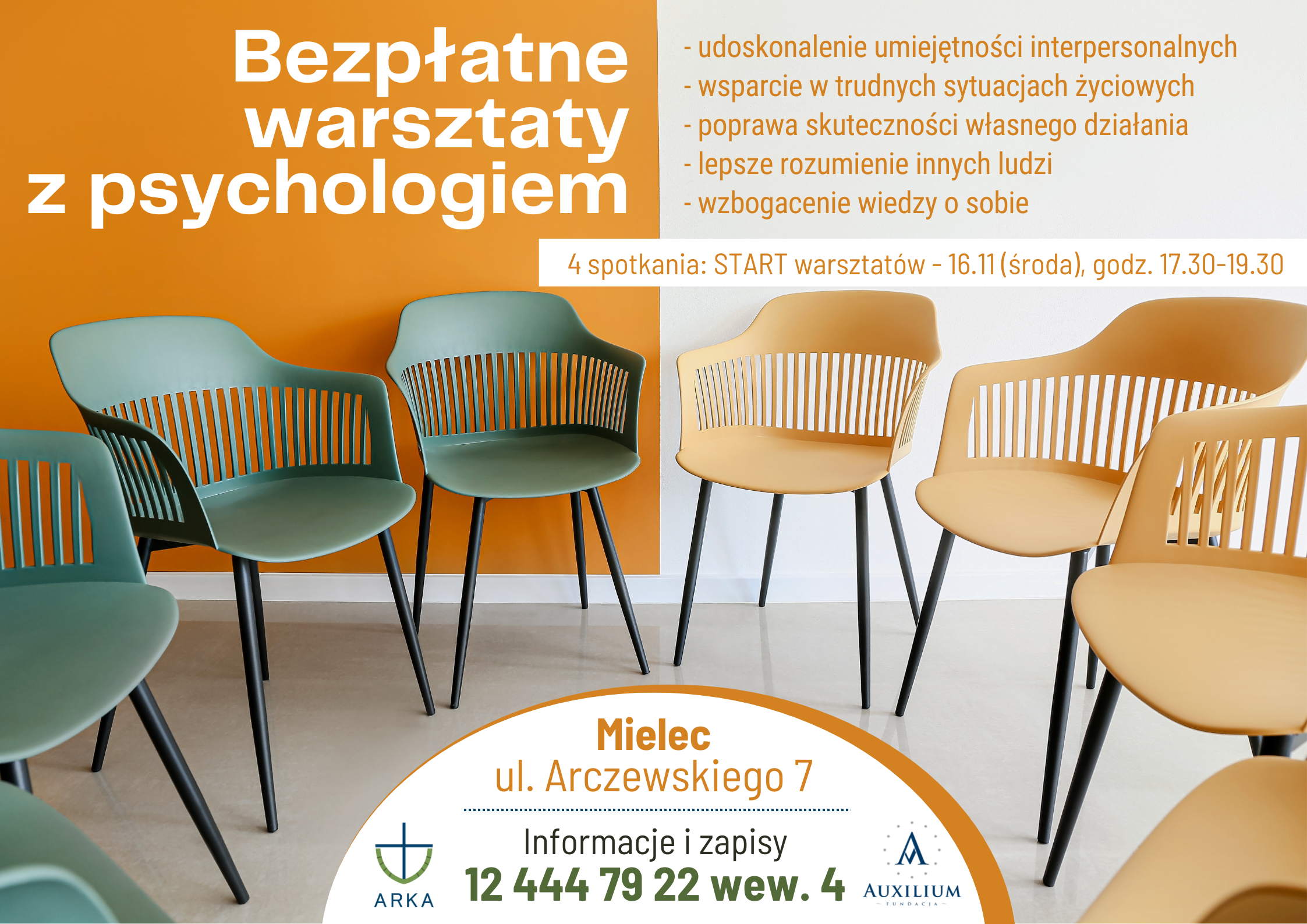 Plakat - "Bezpłatne warsztaty z psychologiem". 4 spotkania: Start warsztató - 16.11 godzina 17.30 - 19.30