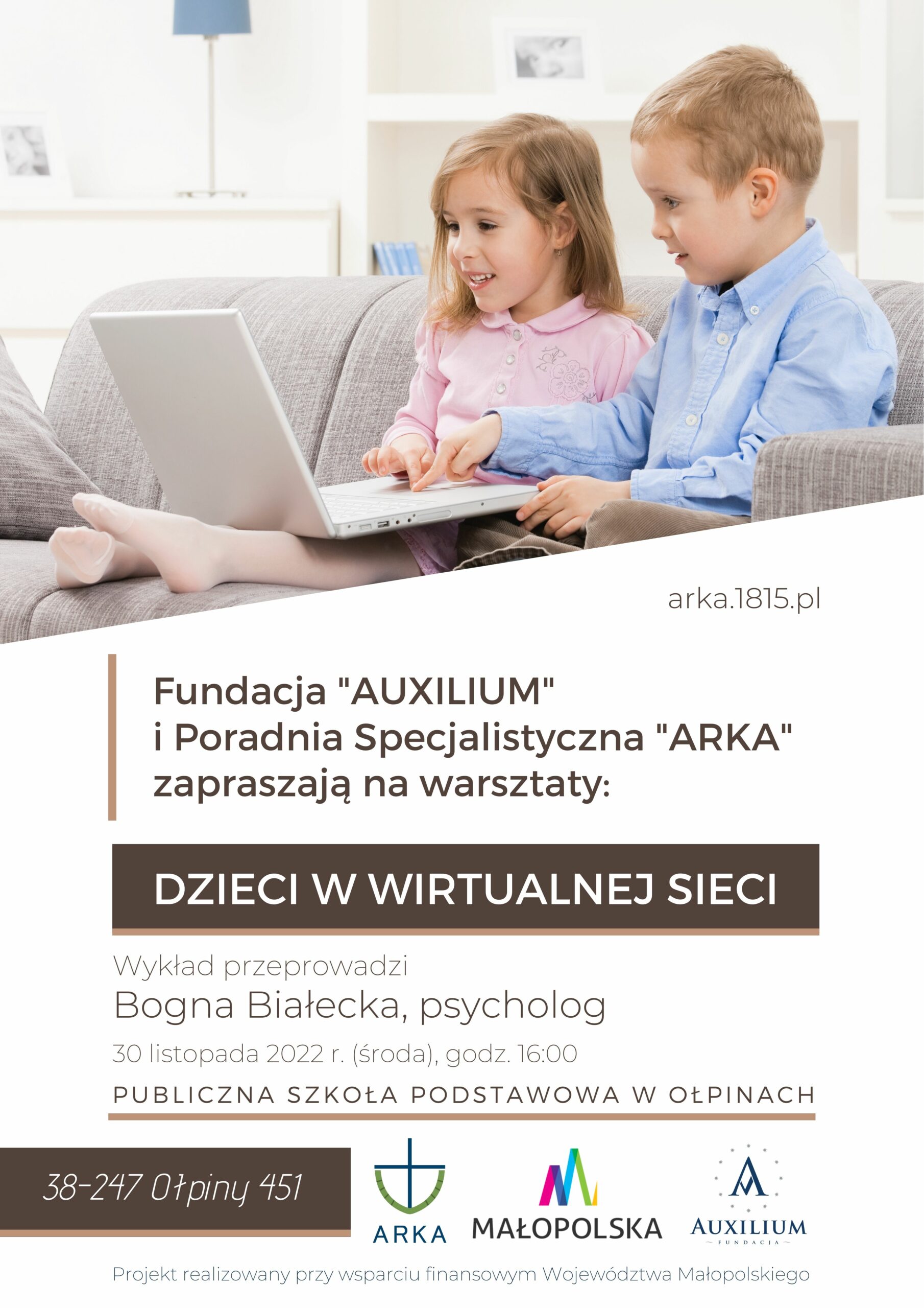 Plakat - Zaproszenie na warsztaty: "Dzieci w wirtualnej sieci". Data: 30 listopada 2022r godzina 16:00